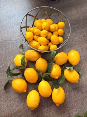 Decorative Artificial Lemons with Leaves - With Metal and Wood Bowl